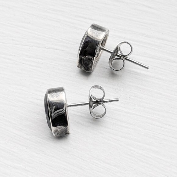 Faceted Obsidian and 925 Sterling Silver Gothic Black Tear Drop Stud Earrings - Picture 3 of 4